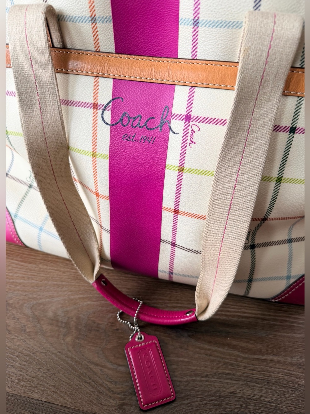 COACH | Heritage Stripe Tattersall Plaid Tote | Plaid Shoulder Bag | Travel Tote - Picture 12 of 17